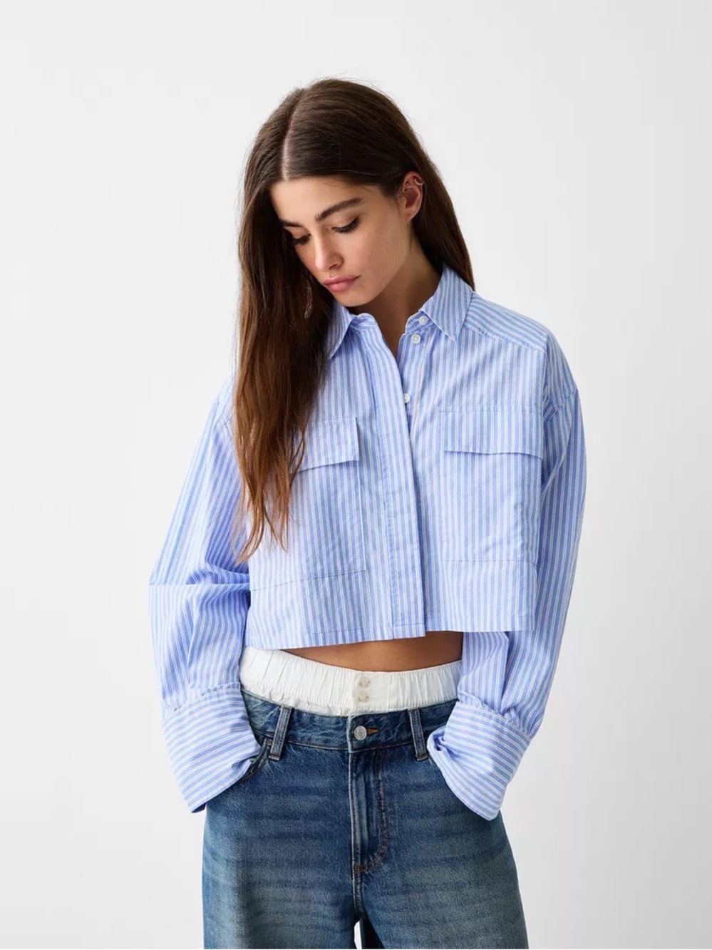 Zara Light Blue Striped Cropped Button-Up Shirt